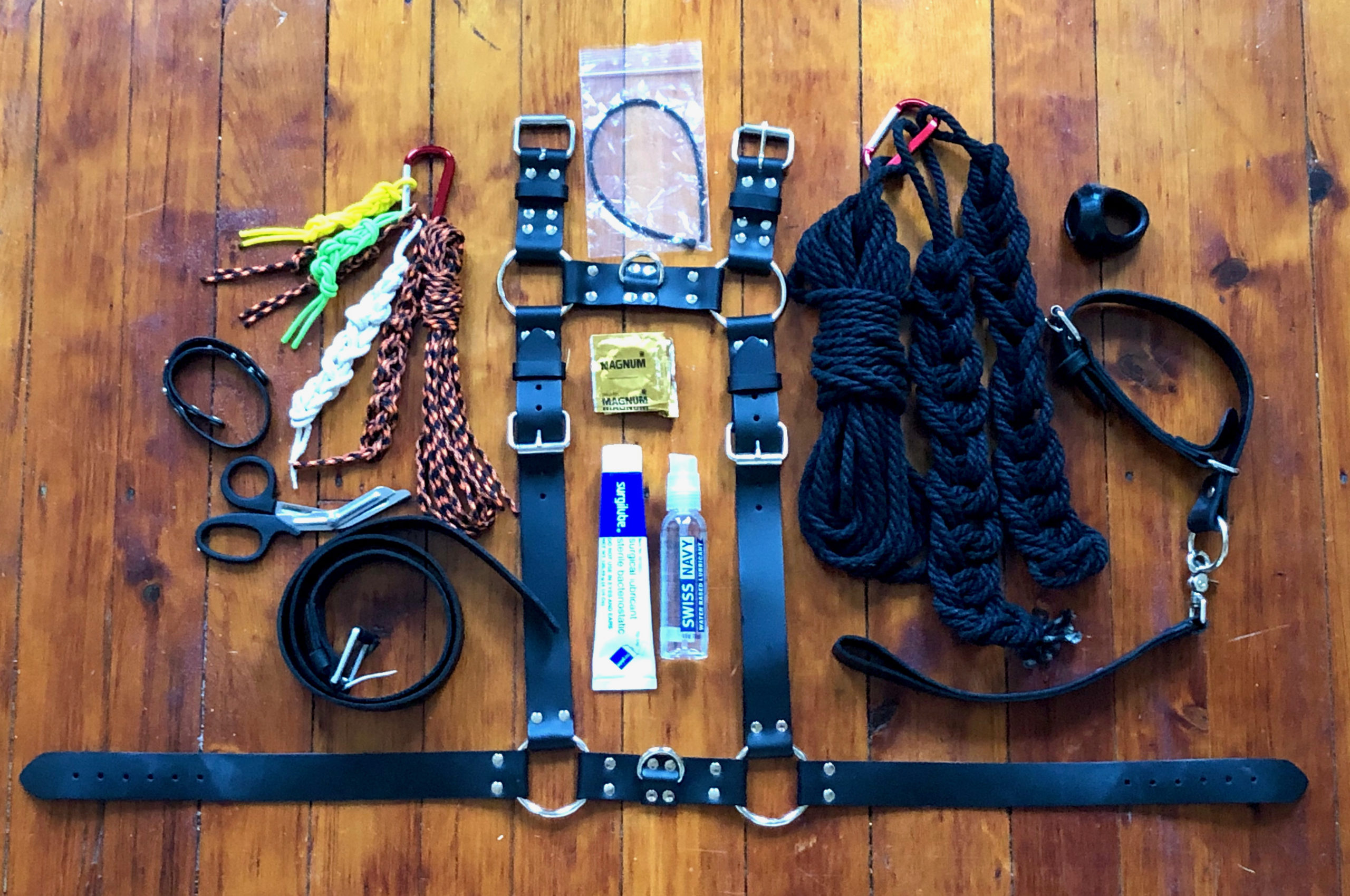 BDSM tools, leather, ropes